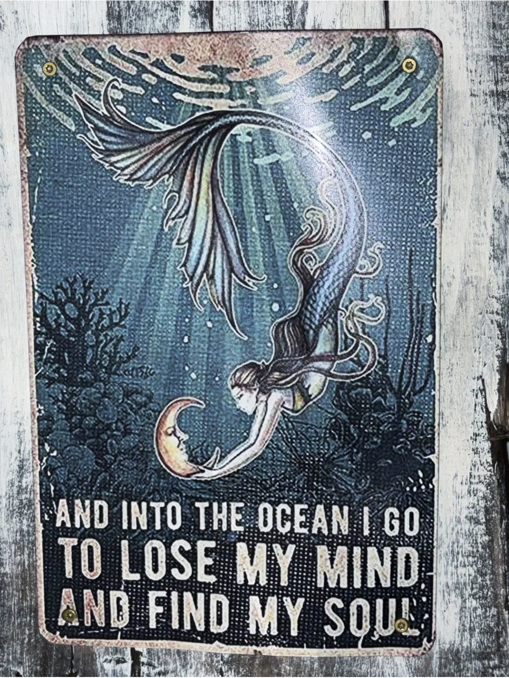 Sea Mermaid Wall Art Sign in Teal and White Mounted on Cape Cod Driftwood